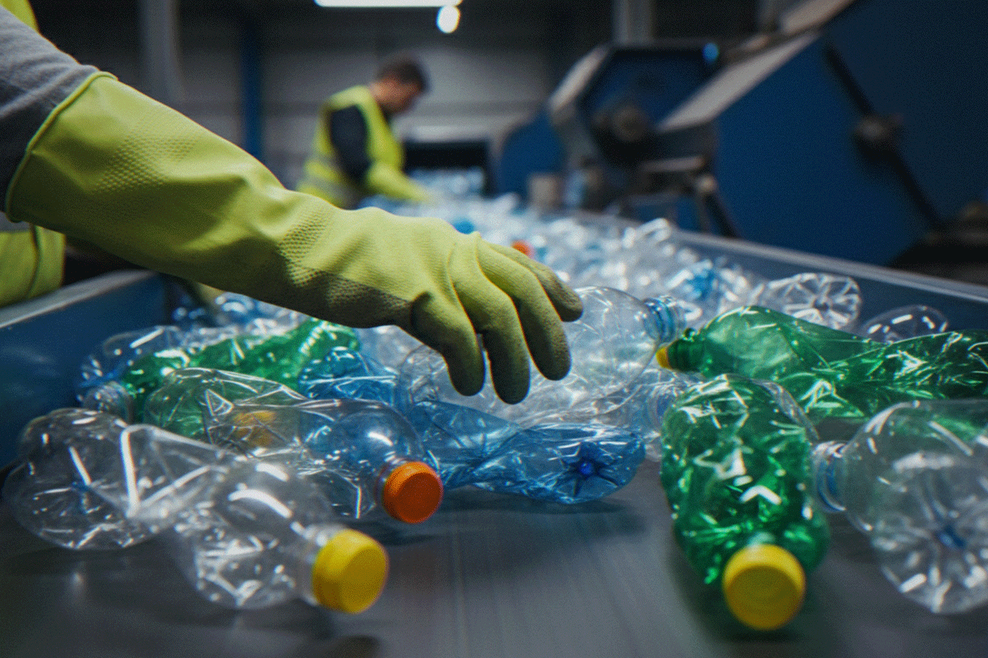 A worker in a recycling plant sorting empty plastic bottles on a conveyor belt.