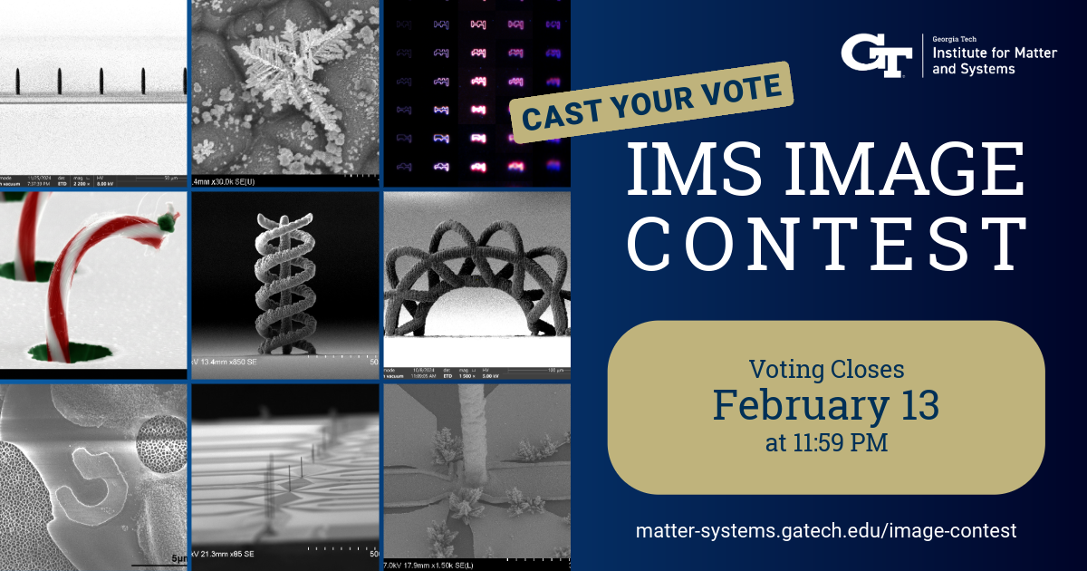 A Georgia Tech IMS Image Contest graphic showing a grid of microscopic research images beside text announcing voting and the February 13 deadline.