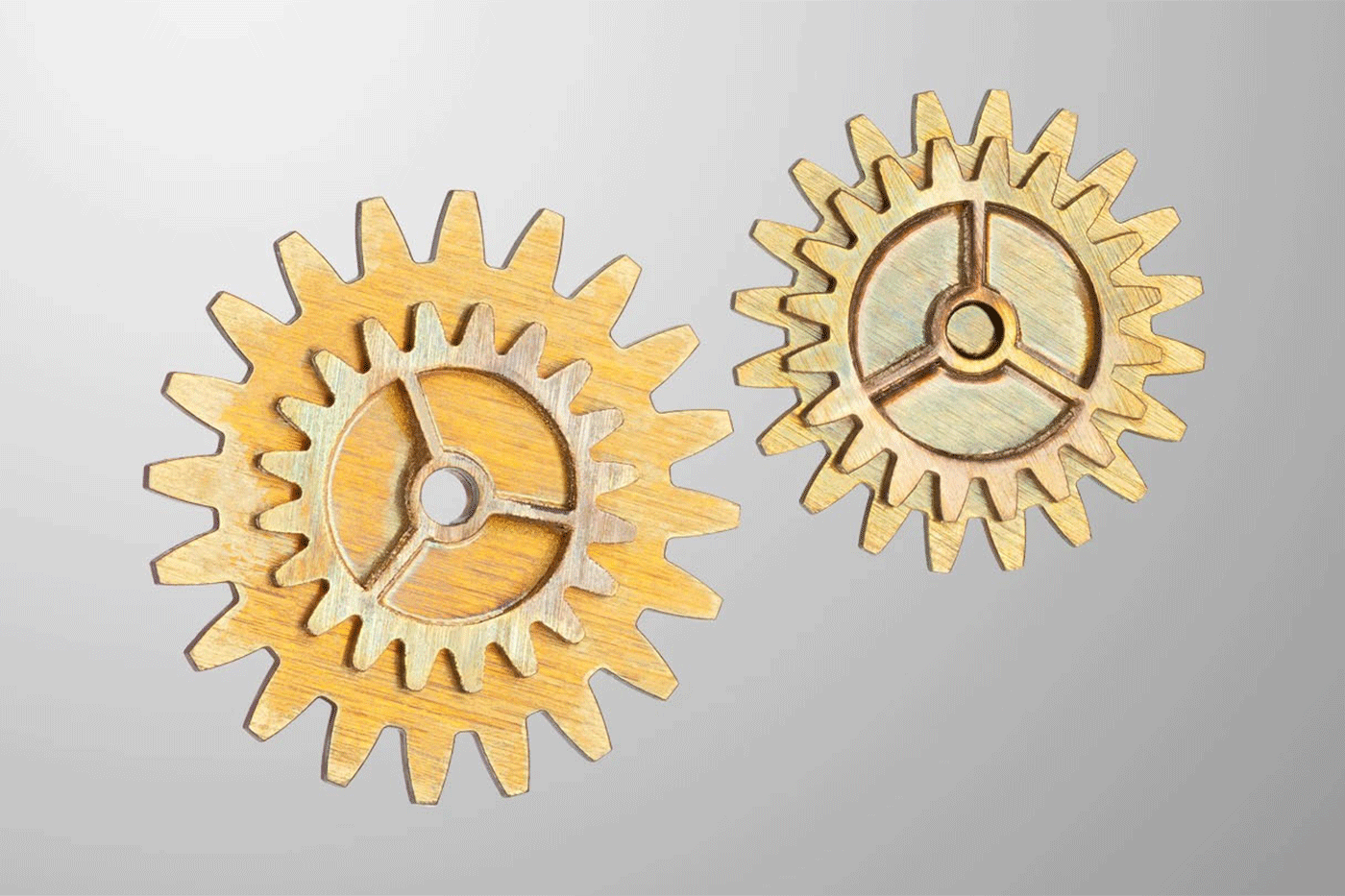 Brass gears cut using a laser in the micro machining lab