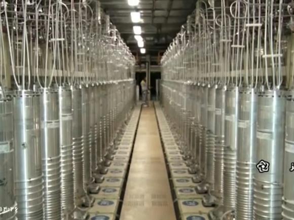 An image from Iranian television shows centrifuges lining a hall at Iran’s Natanz uranium enrichment facility in 2021. IRIB via APPEAR