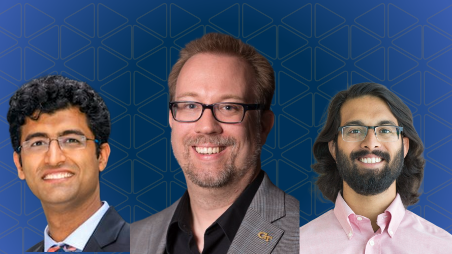 Three men are shown in a composite headshot against a blue geometric background, each facing forward and smiling. They are dressed in professional attire, including jackets, collared shirts, and glasses on two of them.