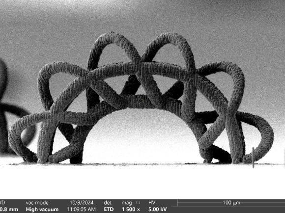Scanning electron microscope image of a tiny, arch-like structure made of looped, rope-textured material. A scale bar indicates the structure is on the order of 100 micrometers wide.