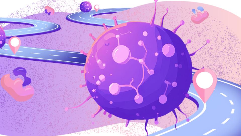 Illustration of cancer cells along a road with location markers next to each cell to represent the cancer &quot;atlas&quot; Gabe Kwong and his collaborators are building.