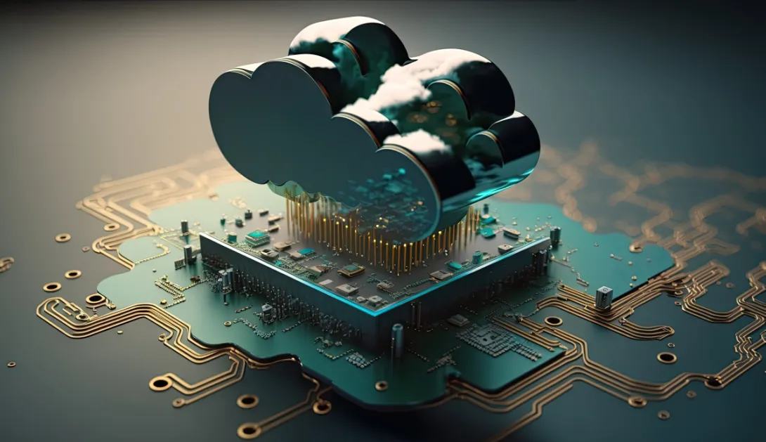 Graphic of a circuit board with a set of interconnects leading to a cloud